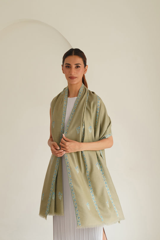 Kashmir Loom Sozni Samina Khatrast Butidar Hand Embroidered Pashmina Stole Mint