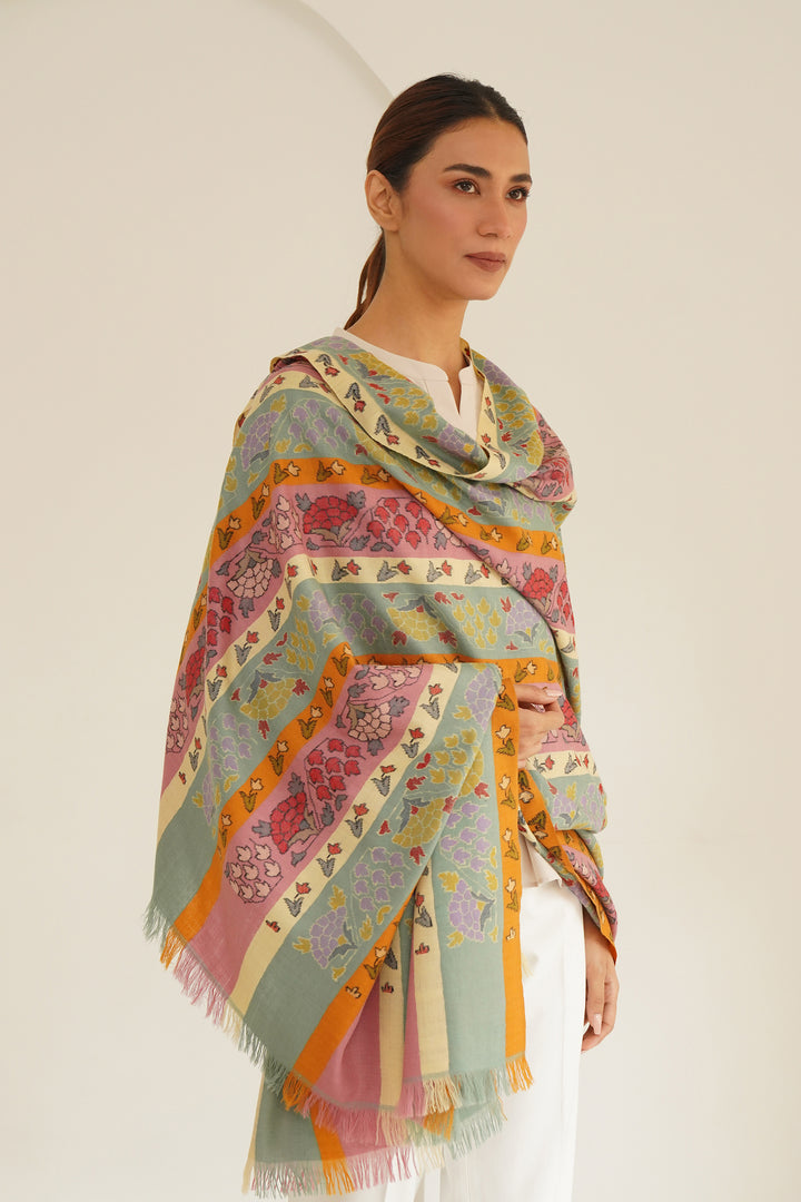 Kani Florid Khatrast Hand Woven Pashmina Large Shawl Pale Blue Pink