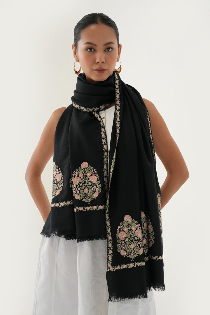 Kashmir Loom Sozni Naima Palledar Buta Hand Embroidered Pashmina Shawl Black