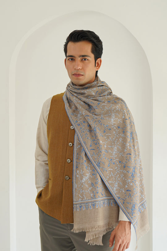 Kashmir Loom Sozni Jaaldar Hand Embroidered Pashmina Stole Natural Blue