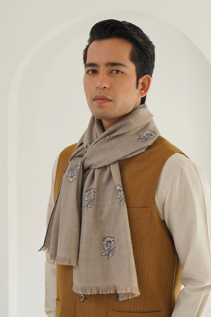 Kashmir Loom Kani Muzamil Buti Hand Woven Cashmere Scarf Natural Blue