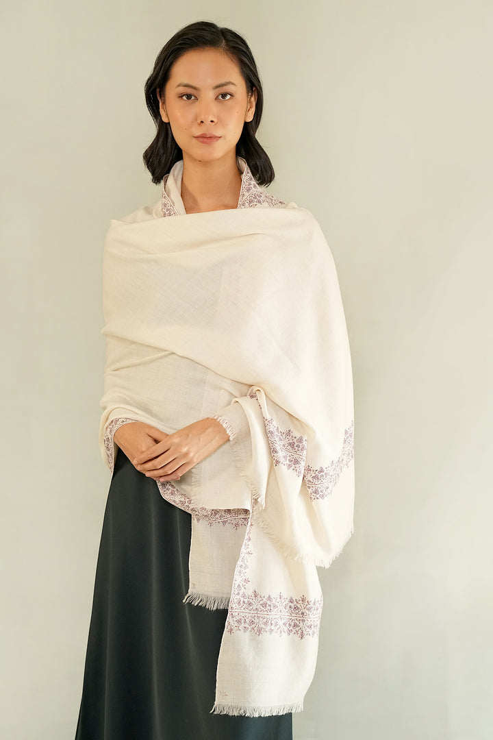 Kashmir Loom Sozni Navid Borderdar Hand Embroidered Pashmina Shawl Ivory