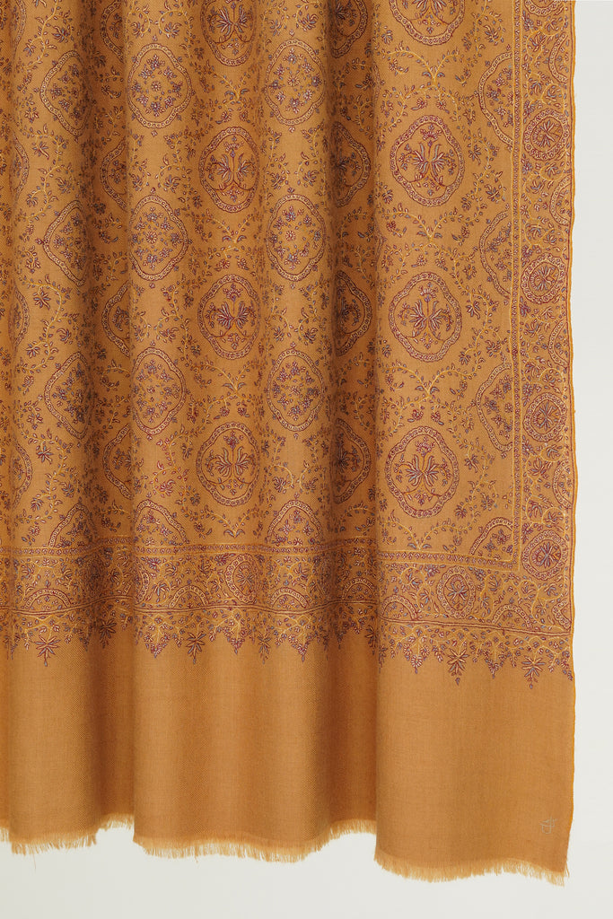 Hand Embroidered Pashmina Sozni Jamawar Shawl Yellow | Kashmir Loom