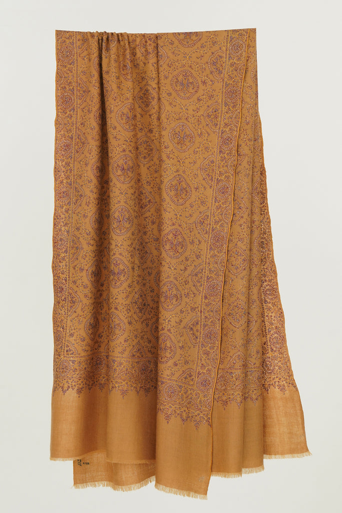Hand Embroidered Pashmina Sozni Jamawar Shawl Yellow | Kashmir Loom