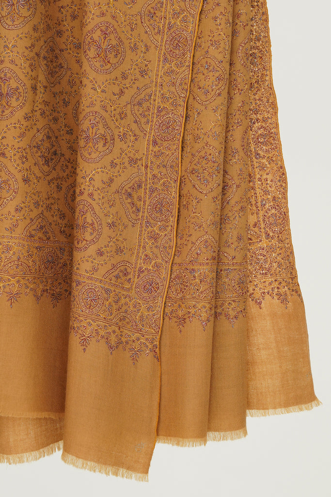 Hand Embroidered Pashmina Sozni Jamawar Shawl Yellow | Kashmir Loom