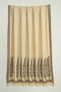 Kashmir Loom Sozni Palledar Long Buta Hand Embroidered Oversize Pashmina Shawl Bone Peach Green