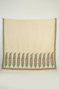 Kashmir Loom Sozni Palledar Long Buta Hand Embroidered Oversize Pashmina Shawl Bone Peach Green