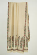 Kashmir Loom Sozni Palledar Long Buta Hand Embroidered Oversize Pashmina Shawl Bone Peach Green