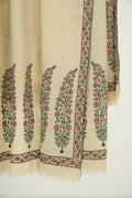 Kashmir Loom Sozni Palledar Long Buta Hand Embroidered Oversize Pashmina Shawl Bone Peach Green