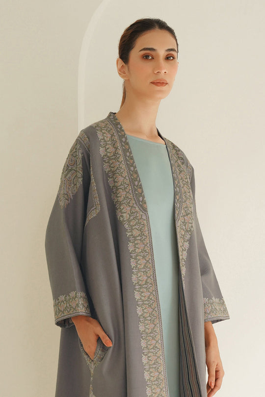 Kashmir Loom Corner Buta Hand Embroidered Wool Choga Mink