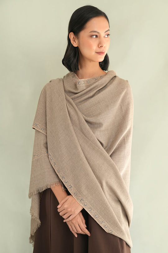 Kashmir Loom Sozni Wardah Hashiya Hand Embroidered Pashmina Shawl Natural