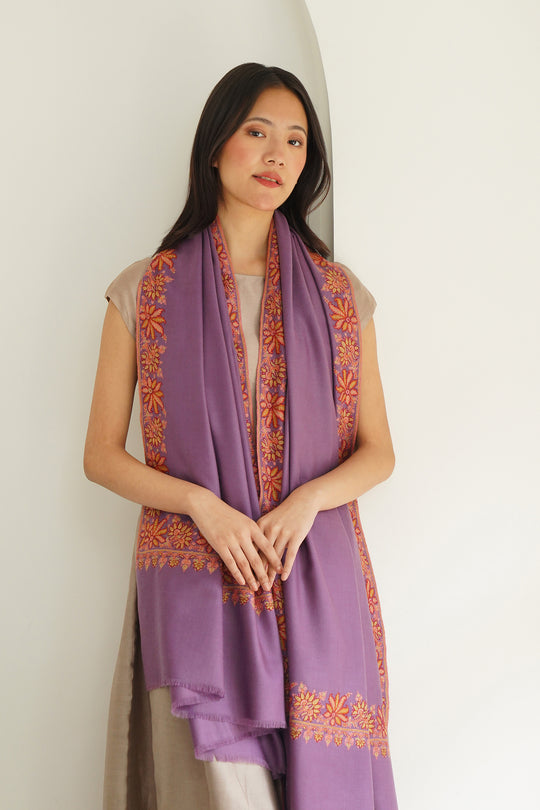 Kashmir Loom Sozni Borderdar Hand Embroidered Pashmina Shawl Mauve