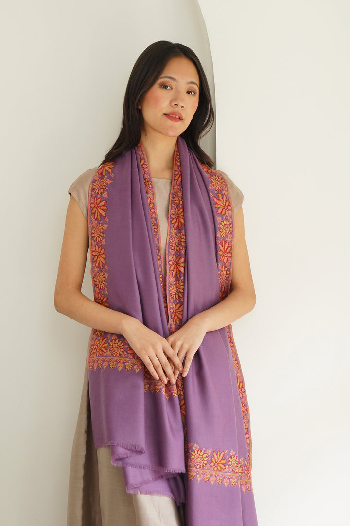 Kashmir Loom Sozni Borderdar Hand Embroidered Pashmina Shawl Mauve