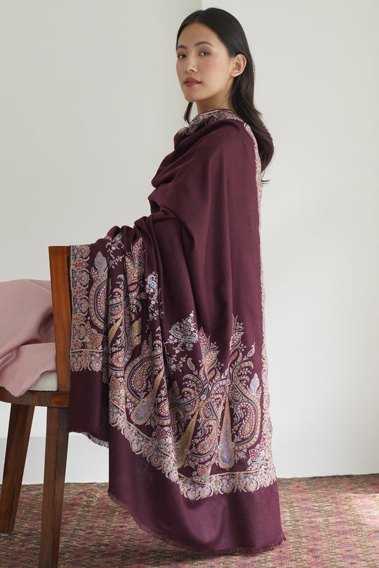 Kashmir Loom Sozni Hiba Palledar Hand Embroidered Large Pashmina Shawl Merlot