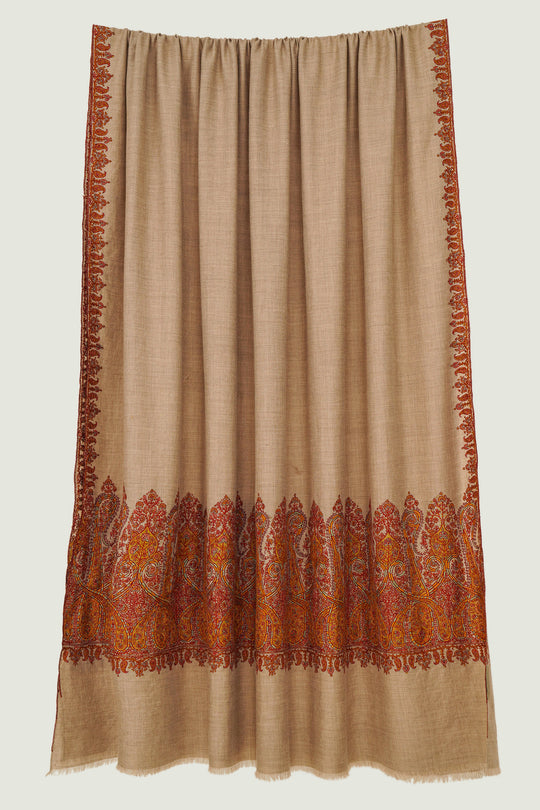Kashmir Loom Sozni Palledar Hand Embroidered Oversize Pashmina Shawl Natural Orange
