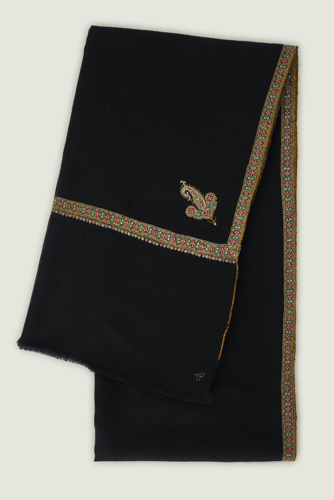 Hand Embroidered Pashmina Sozni Bail Koundar Shawl Black| Kashmir Loom