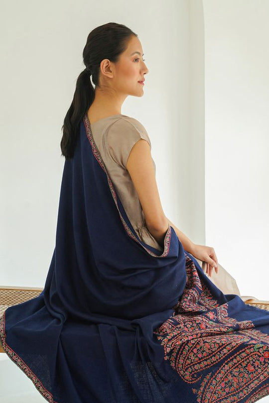 Kashmir Loom Sozni Rouhi Paisley Palledar Hand Embroidered Pashmina Large Shawl Midnight