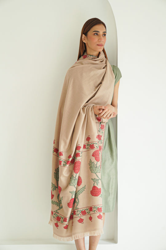 Kashmir Loom Kani Surkh Gulab Palledar Hand Woven Oversize Pashmina Shawl Kuklihut