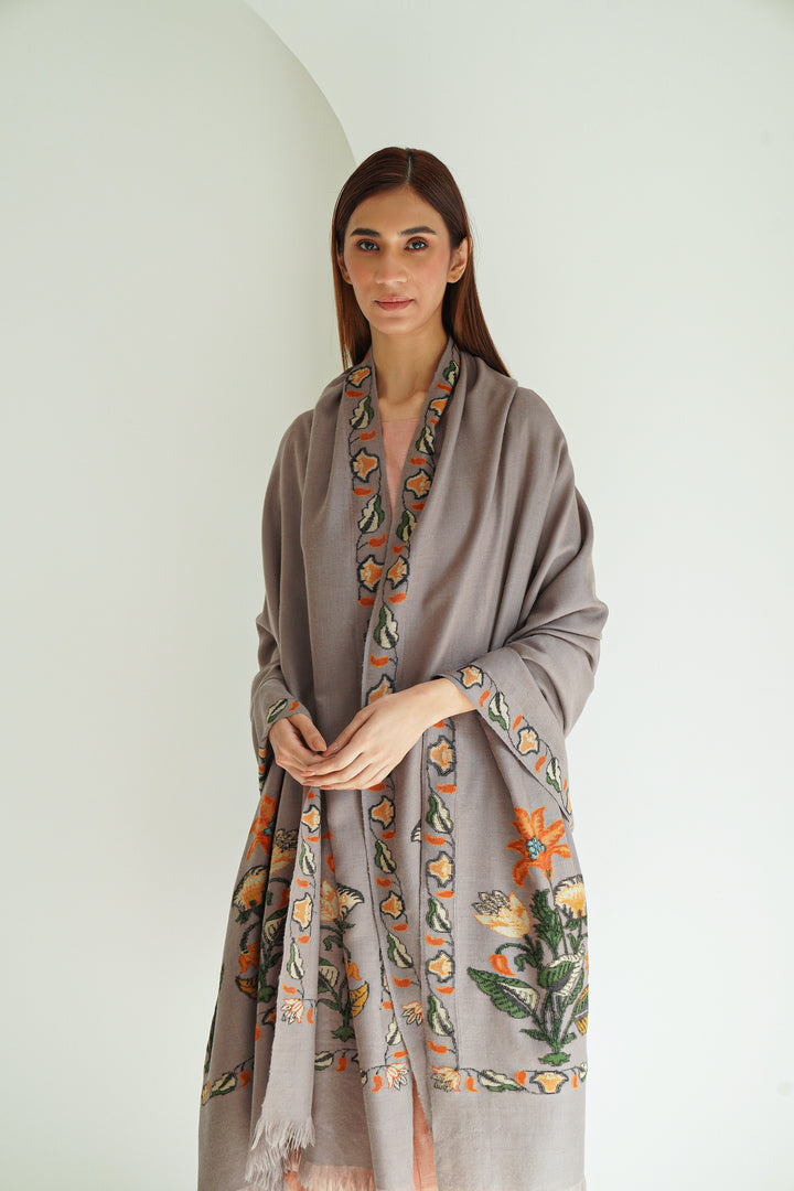 Kashmir Loom Kani Falak Buta Palledar Hand Woven Large Pashmina Shawl Grey