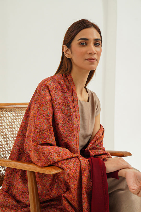Kashmir Loom Sozni Jamawar Hand Embroidered Pashmina Shawl Maroon Orange