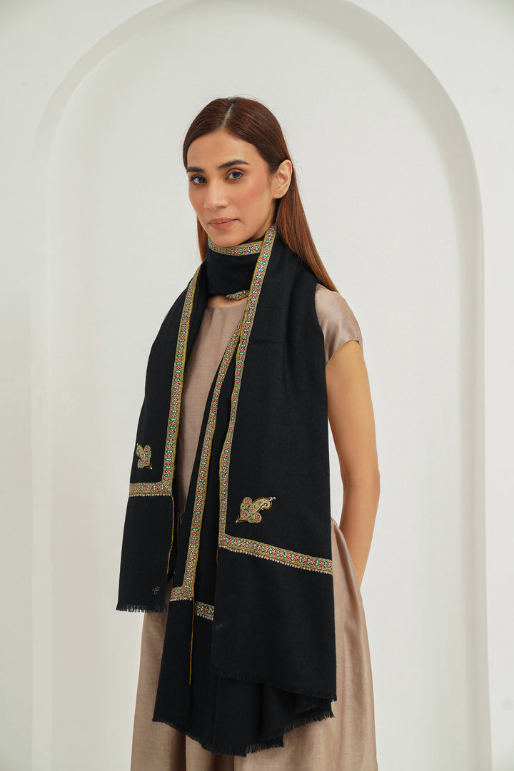 Kashmir Loom Sozni Bail Koundar Hand Embroidered Pashmina Shawl Black