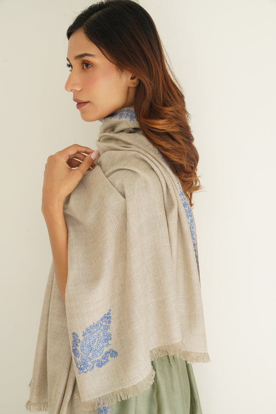 Kashmir Loom Sozni Farah Hashiya Corner Buti Hand Embroidered Pashmina Stole Natural Ivory